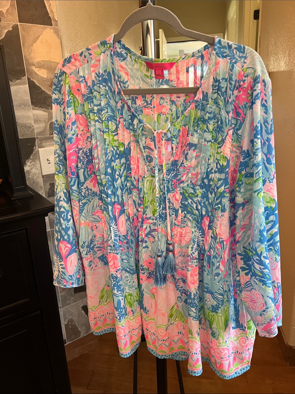 Lilly Pulitzer Pink Blue Green Floral Tassel Tunic